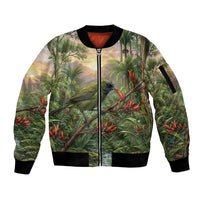 Bellbird New Zealand Personalised Sleeve Zip Bomber Jacket Korimako Harakeke Flower Native Forest LT22 Unisex Green - Polynesian Pride