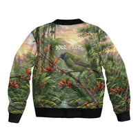 Bellbird New Zealand Personalised Sleeve Zip Bomber Jacket Korimako Harakeke Flower Native Forest LT22 - Polynesian Pride