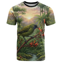 Bellbird New Zealand Personalised T Shirt Korimako Harakeke Flower Native Forest LT22 Green - Polynesian Pride