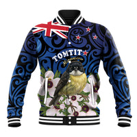 Tomtit New Zealand Personalised Baseball Jacket Miromiro Manuka Flower Maori Pattern LT22 Unisex Blue - Polynesian Pride