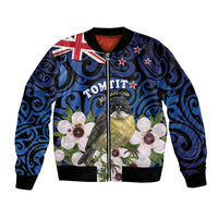 Tomtit New Zealand Personalised Bomber Jacket Miromiro Manuka Flower Maori Pattern LT22 Unisex Blue - Polynesian Pride
