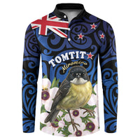 Tomtit New Zealand Personalised Button Sweatshirt Miromiro Manuka Flower Maori Pattern LT22 Blue - Polynesian Pride