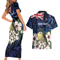 Tomtit New Zealand Personalised Couples Matching Short Sleeve Bodycon Dress and Hawaiian Shirt Miromiro Manuka Flower Maori Pattern