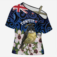 Tomtit New Zealand Personalised Cross Shoulder Shirt Miromiro Manuka Flower Maori Pattern LT22 Female Blue - Polynesian Pride