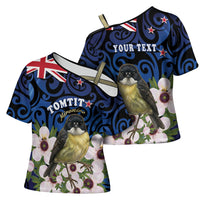 Tomtit New Zealand Personalised Cross Shoulder Shirt Miromiro Manuka Flower Maori Pattern LT22 - Polynesian Pride