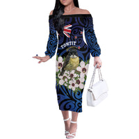Tomtit New Zealand Personalised Family Matching Off The Shoulder Long Sleeve Dress and Hawaiian Shirt Miromiro Manuka Flower Maori Pattern