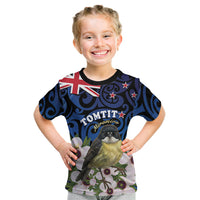 Tomtit New Zealand Personalised Kid T Shirt Miromiro Manuka Flower Maori Pattern LT22 Blue - Polynesian Pride