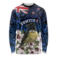 Tomtit New Zealand Personalised Long Sleeve Shirt Miromiro Manuka Flower Maori Pattern LT22 Unisex Blue - Polynesian Pride