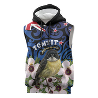 Tomtit New Zealand Personalised Sleeveless Hoodie Miromiro Manuka Flower Maori Pattern LT22 Blue - Polynesian Pride