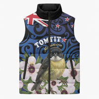 Tomtit New Zealand Personalised Sleeveless Puffer Jacket Miromiro Manuka Flower Maori Pattern LT22 Unisex Blue - Polynesian Pride