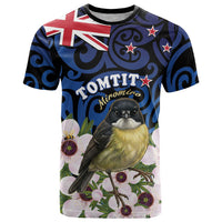 Tomtit New Zealand Personalised T Shirt Miromiro Manuka Flower Maori Pattern LT22 Blue - Polynesian Pride