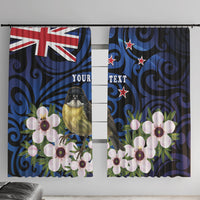 Tomtit New Zealand Personalised Window Curtain Miromiro Manuka Flower Maori Pattern LT22 With Hooks Blue - Polynesian Pride