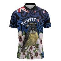 Tomtit New Zealand Personalised Zipper Polo Shirt Miromiro Manuka Flower Maori Pattern LT22 Blue - Polynesian Pride
