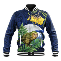 Kakapo New Zealand Personalised Baseball Jacket Kowhai Flower Silver Fern Maori Pattern LT22 Unisex Blue - Polynesian Pride