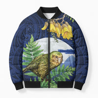 Kakapo New Zealand Personalised Bomber Puffer Jacket Kowhai Flower Silver Fern Maori Pattern LT22 Unisex Blue - Polynesian Pride