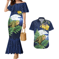 Kakapo New Zealand Personalised Couples Matching Mermaid Dress and Hawaiian Shirt Kowhai Flower Silver Fern Maori Pattern