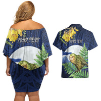 Kakapo New Zealand Personalised Couples Matching Off Shoulder Short Dress and Hawaiian Shirt Kowhai Flower Silver Fern Maori Pattern
