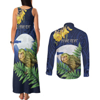 Kakapo New Zealand Personalised Couples Matching Tank Maxi Dress and Long Sleeve Button Shirt Kowhai Flower Silver Fern Maori Pattern