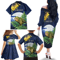 Kakapo New Zealand Personalised Family Matching Off The Shoulder Long Sleeve Dress and Hawaiian Shirt Kowhai Flower Silver Fern Maori Pattern