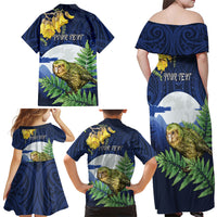 Kakapo New Zealand Personalised Family Matching Off Shoulder Maxi Dress and Hawaiian Shirt Kowhai Flower Silver Fern Maori Pattern