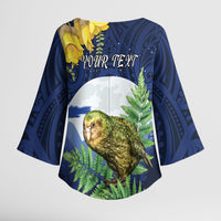 Kakapo New Zealand Personalised Kimono Sleeve Blouse Kowhai Flower Silver Fern Maori Pattern LT22 - Polynesian Pride