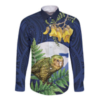 Kakapo New Zealand Personalised Long Sleeve Button Shirt Kowhai Flower Silver Fern Maori Pattern LT22 Unisex Blue - Polynesian Pride