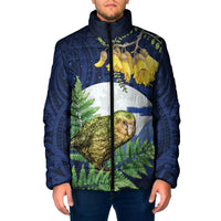 Kakapo New Zealand Personalised Padded Jacket Kowhai Flower Silver Fern Maori Pattern LT22 Men Blue - Polynesian Pride