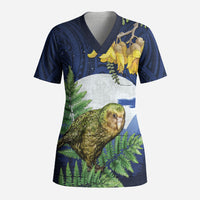 Kakapo New Zealand Personalised Scrub Top Kowhai Flower Silver Fern Maori Pattern LT22 Adult Blue - Polynesian Pride