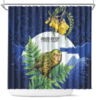 Kakapo New Zealand Personalised Shower Curtain Kowhai Flower Silver Fern Maori Pattern LT22 Blue - Polynesian Pride
