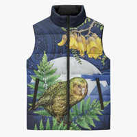Kakapo New Zealand Personalised Sleeveless Puffer Jacket Kowhai Flower Silver Fern Maori Pattern LT22 Unisex Blue - Polynesian Pride