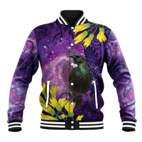 New Zealand Tui Bird Matariki Baseball Jacket Kowhai Flower Silver Fern Galaxy Maori Pattern LT22 Unisex Purple - Polynesian Pride