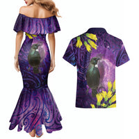 New Zealand Tui Bird Matariki Couples Matching Mermaid Dress and Hawaiian Shirt Kowhai Flower Silver Fern Galaxy Maori Pattern