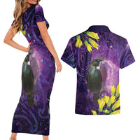 New Zealand Tui Bird Matariki Couples Matching Short Sleeve Bodycon Dress and Hawaiian Shirt Kowhai Flower Silver Fern Galaxy Maori Pattern