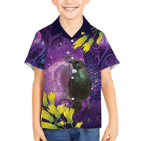 New Zealand Tui Bird Matariki Family Matching Puletasi and Hawaiian Shirt Kowhai Flower Silver Fern Galaxy Maori Pattern