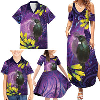 New Zealand Tui Bird Matariki Family Matching Summer Maxi Dress and Hawaiian Shirt Kowhai Flower Silver Fern Galaxy Maori Pattern