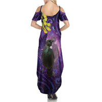 New Zealand Tui Bird Matariki Family Matching Summer Maxi Dress and Hawaiian Shirt Kowhai Flower Silver Fern Galaxy Maori Pattern