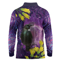 New Zealand Tui Bird Matariki Long Sleeve Polo Shirt Kowhai Flower Silver Fern Galaxy Maori Pattern