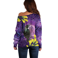 New Zealand Tui Bird Matariki Off Shoulder Sweater Kowhai Flower Silver Fern Galaxy Maori Pattern LT22 - Polynesian Pride