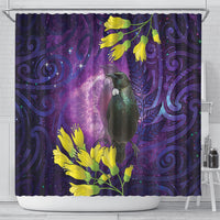 New Zealand Tui Bird Matariki Shower Curtain Kowhai Flower Silver Fern Galaxy Maori Pattern
