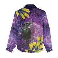 New Zealand Tui Bird Matariki Women Casual Shirt Kowhai Flower Silver Fern Galaxy Maori Pattern