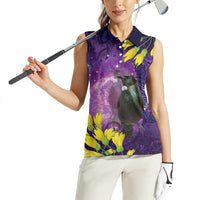 New Zealand Tui Bird Matariki Women Sleeveless Polo Shirt Kowhai Flower Silver Fern Galaxy Maori Pattern