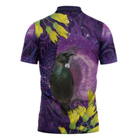 New Zealand Tui Bird Matariki Zipper Polo Shirt Kowhai Flower Silver Fern Galaxy Maori Pattern