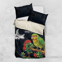 New Zealand Kakapo Matariki Personalised Bedding Set Pohutukawa Flower Galaxy Maori Pattern LT22 US Twin 172cm x 218cm Black - Polynesian Pride