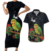 New Zealand Kakapo Matariki Personalised Couples Matching Short Sleeve Bodycon Dress and Hawaiian Shirt Pohutukawa Flower Galaxy Maori Pattern