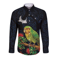 New Zealand Kakapo Matariki Personalised Long Sleeve Button Shirt Pohutukawa Flower Galaxy Maori Pattern LT22 Unisex Black - Polynesian Pride
