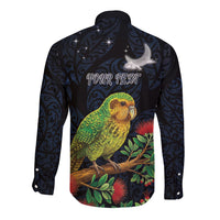 New Zealand Kakapo Matariki Personalised Long Sleeve Button Shirt Pohutukawa Flower Galaxy Maori Pattern LT22 - Polynesian Pride