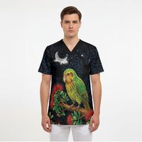 New Zealand Kakapo Matariki Personalised Scrub Top Pohutukawa Flower Galaxy Maori Pattern LT22 - Polynesian Pride