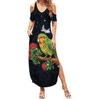 New Zealand Kakapo Matariki Personalised Summer Maxi Dress Pohutukawa Flower Galaxy Maori Pattern LT22 Women Black - Polynesian Pride