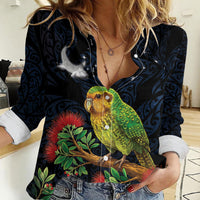 New Zealand Kakapo Matariki Personalised Women Casual Shirt Pohutukawa Flower Galaxy Maori Pattern