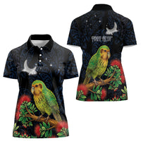 New Zealand Kakapo Matariki Personalised Women Polo Shirt Pohutukawa Flower Galaxy Maori Pattern